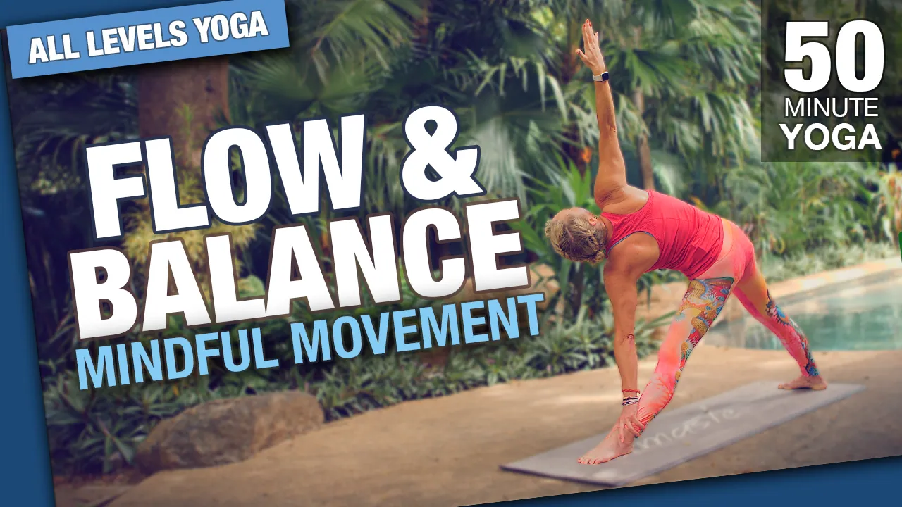 Flow and balance, mindful movement, 50 minute class, woman in a triangle pose by a pool