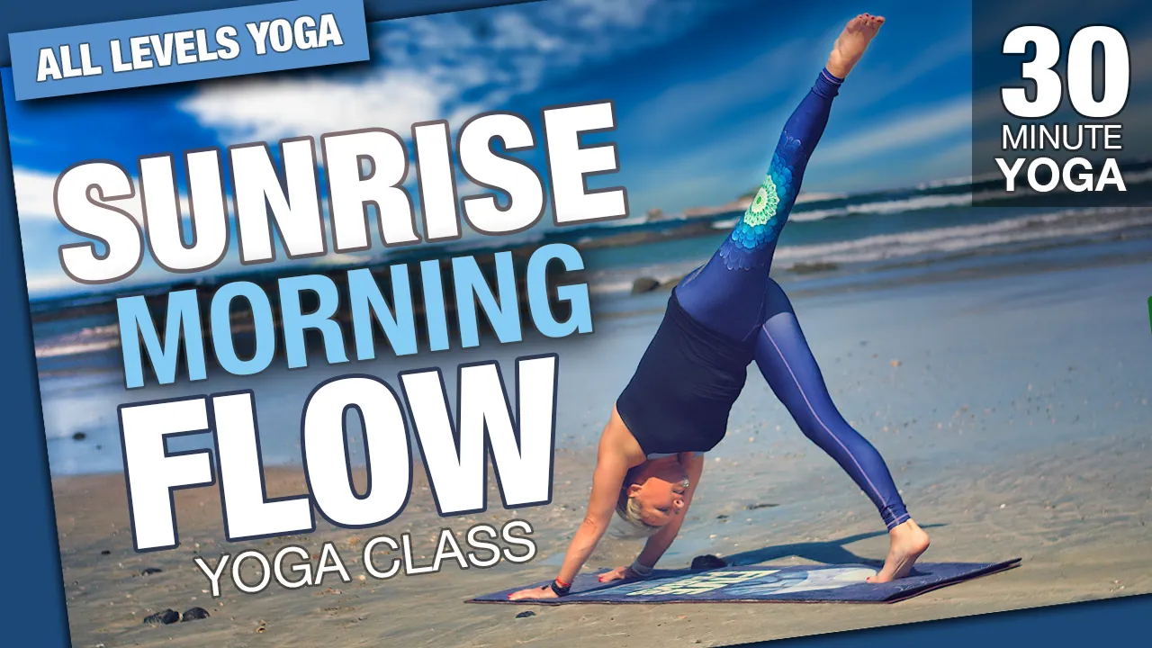 Sunrise morning flow, 30 minute class, woman in downward dog on a beach