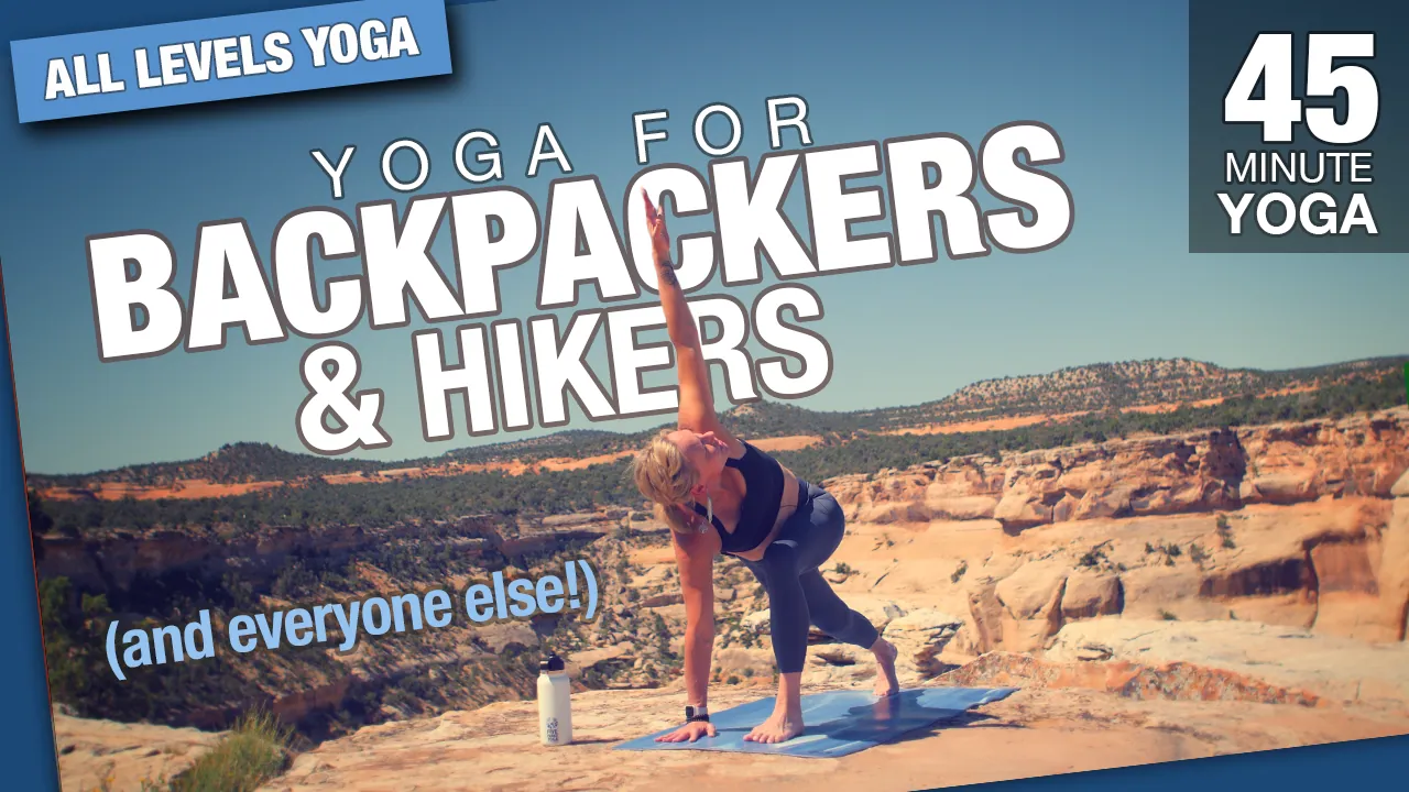 Yoga for backpackers and hikers, 45 minute class, woman posing on red rock