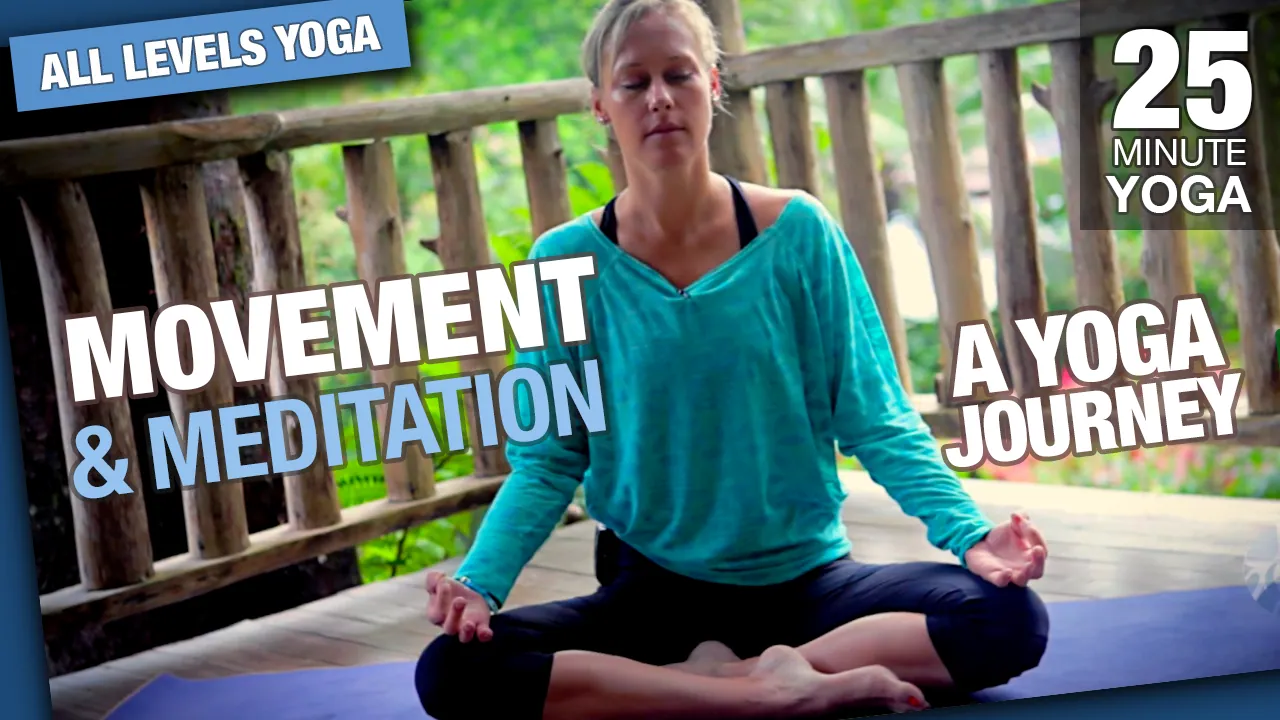 Movement and meditation, a yoga journey, woman seated in meditation on a deck