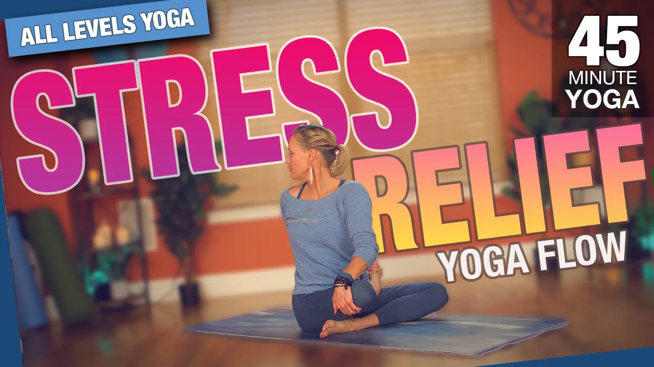 Stress relief yoga flow, 45 minute class, woman seated on a mat