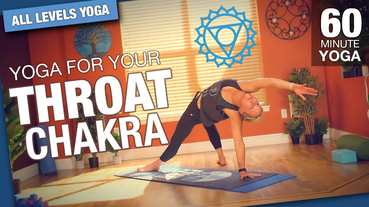 Yoga for your throat chakra, 60 minute class, woman in a triangle pose in a bright room