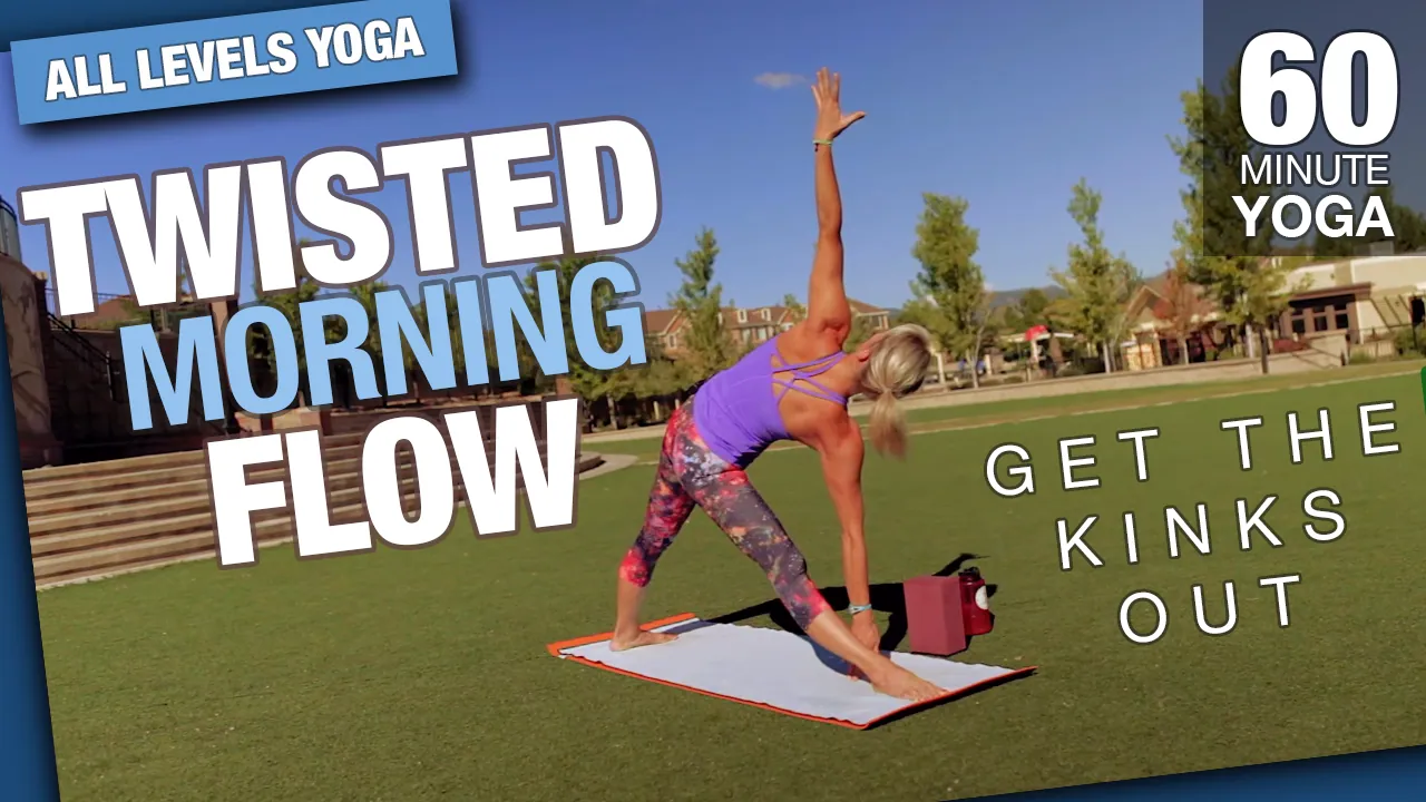 Twisted morning flow, 60 minute yoga, woman in a twisting pose on a lawn