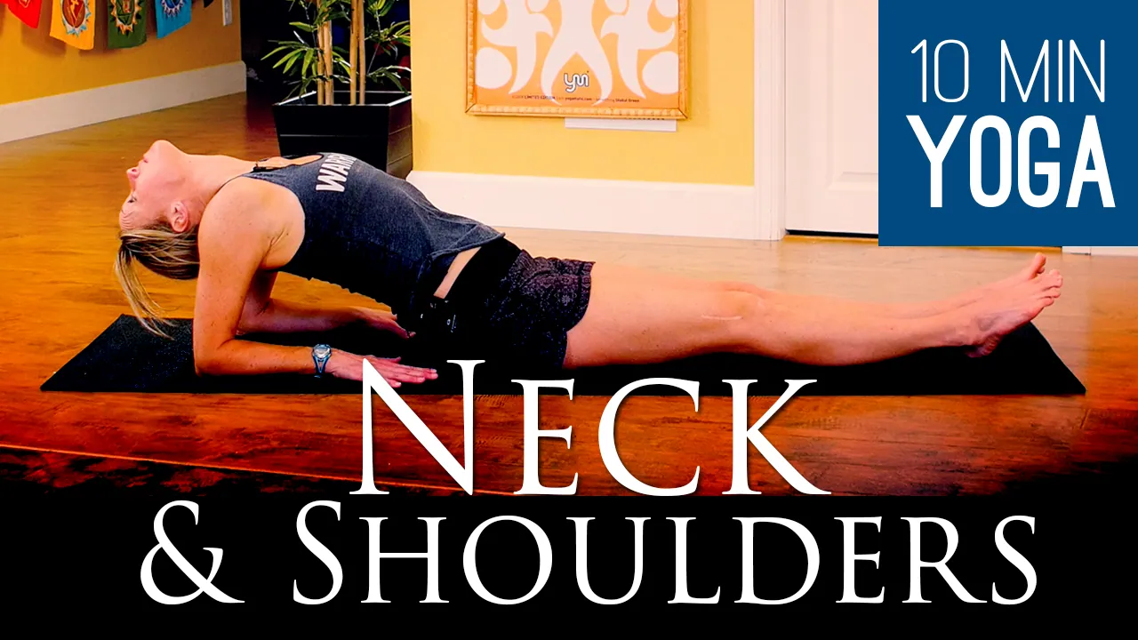10 Min Yoga Neck and Shoulders title graphic with a woman lying on a mat