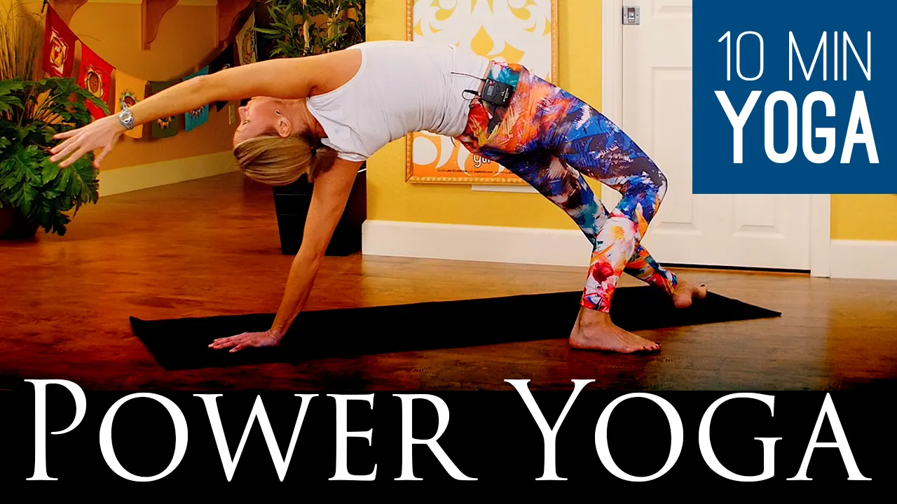 10 Min Yoga Power Yoga title graphic with a woman in a backbend