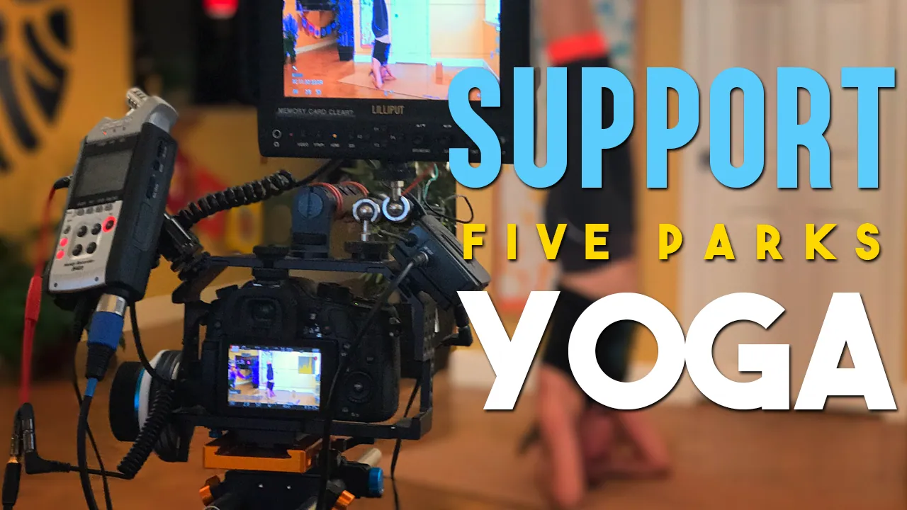 Support Five Parks Yoga graphic with a video camera and recorder