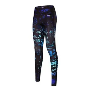 Dark blue patterned yoga leggings on a white background