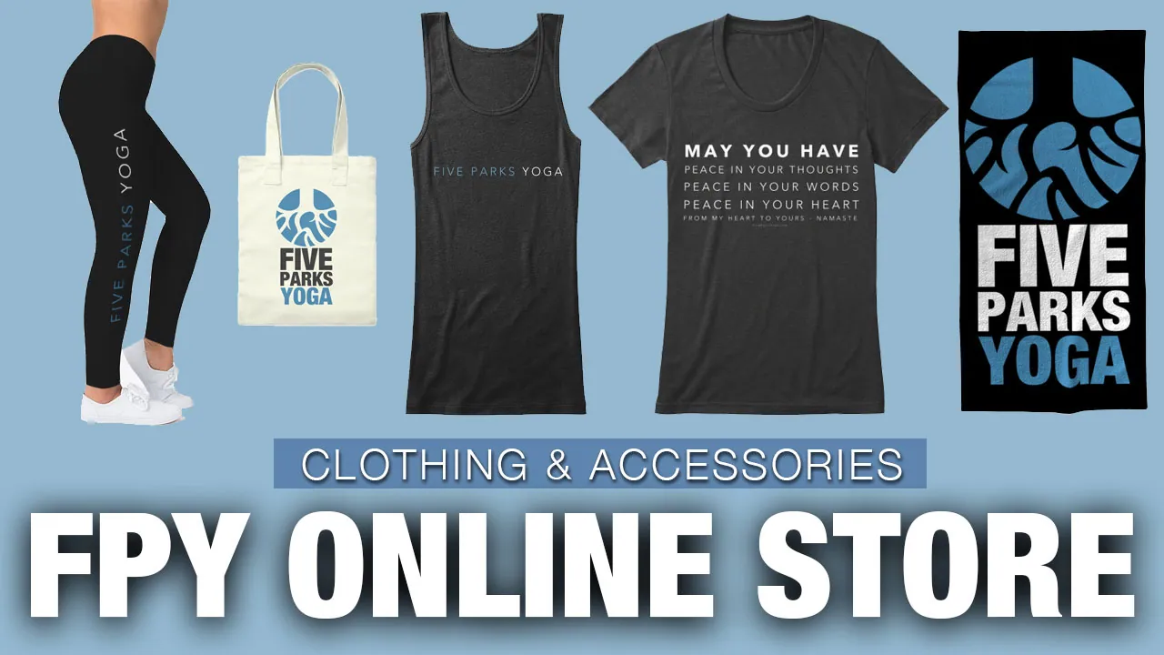 Five Parks Yoga online store banner with leggings, tote bag, tank top and t-shirts