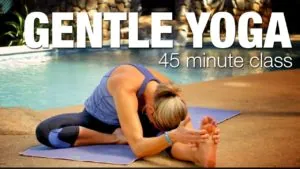 Class thumbnail: Gentle Yoga, 45 minute class, woman in a seated forward fold