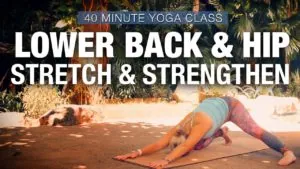 Class thumbnail: Lower Back and Hip Stretch and Strengthen, 40 minute class, woman in downward dog