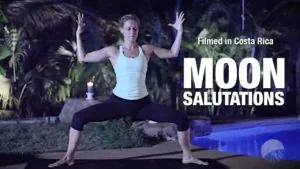 Class thumbnail: Moon Salutations, woman in a wide-legged squat, filmed in Costa Rica