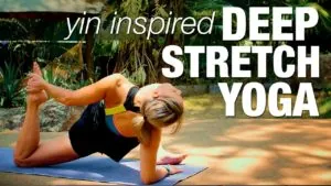 Class thumbnail: Yin Inspired Deep Stretch Yoga, woman in a floor stretch