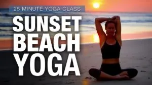 Class thumbnail: Sunset Beach Yoga, 25 minute class, woman seated on a beach at sunset