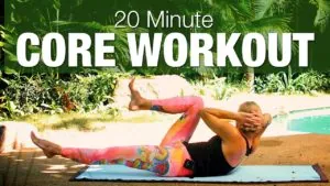 Class thumbnail: 20 Minute Core Workout, woman lying on a mat doing a core exercise by a pool
