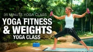 Class thumbnail: Yoga Fitness and Weights, 35 minute class, woman in warrior two holding weights