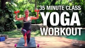 Class thumbnail: 35 Minute Class Yoga Workout, woman in a lunge holding dumbbells