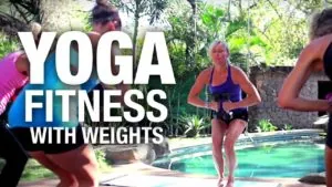 Class thumbnail: Yoga Fitness with Weights, women with dumbbells by a pool