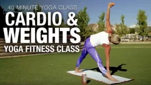 Class thumbnail: Cardio and Weights Yoga Fitness Class, 40 minutes, woman in triangle pose on grass