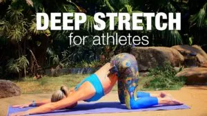 Class thumbnail: Deep Stretch for Athletes, woman in a deep stretch on a mat