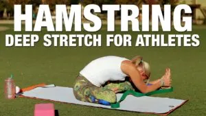 Class thumbnail: Hamstring Deep Stretch for Athletes, woman folded over her legs on a mat