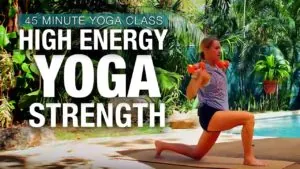 Class thumbnail: High Energy Yoga Strength, 45 minute class, woman in a lunge holding weights