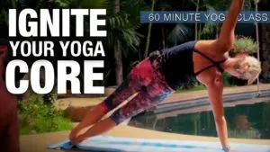 Class thumbnail: Ignite Your Yoga Core, 60 minute class, woman in a side plank by a pool
