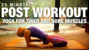 Class thumbnail: 25 Minute Post Workout Yoga for tired and sore muscles, woman in a forward fold