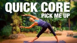 Class thumbnail: Quick Core Pick Me Up, woman in a side-bending pose in a garden
