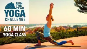 Class thumbnail: Run the Year Yoga Challenge, 60 min yoga class, woman in a lunge with arms up