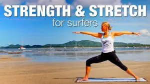 Class thumbnail: Strength and Stretch for Surfers, woman in warrior two on a beach