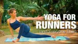 Class thumbnail: Yoga for Runners, woman in a low lunge twist among tropical plants