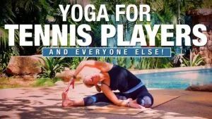 Class thumbnail: Yoga for Tennis Players, woman in a seated stretch by a pool