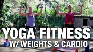 Class thumbnail: Yoga Fitness with weights and cardio, two women lifting weights