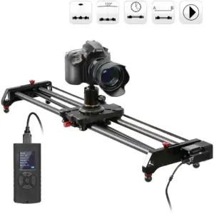 Camera on a motorized slider rail with a controller
