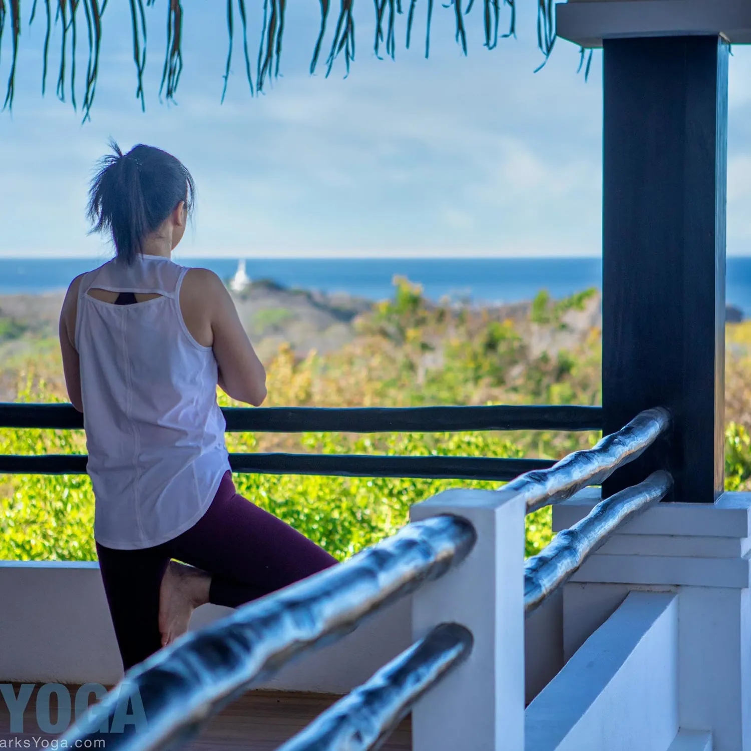Woman standing at a railing looking out at the ocean