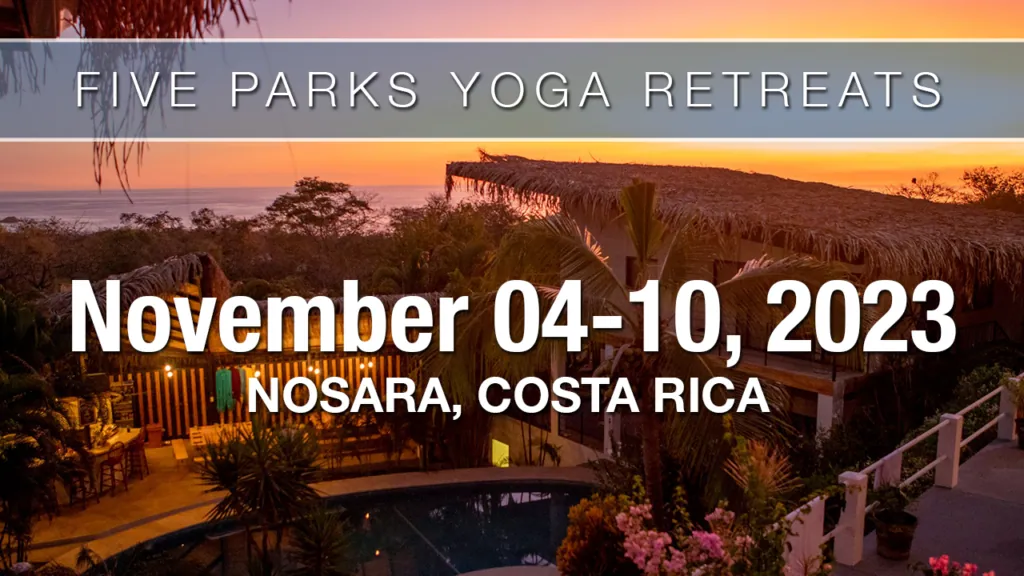 Five Parks Yoga retreat, November 4 to 10, 2023, Nosara, Costa Rica, over a sunset view of the retreat house