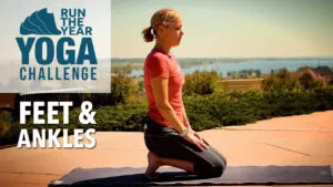 Yoga challenge Feet and Ankles class, woman kneeling on a mat by a lake
