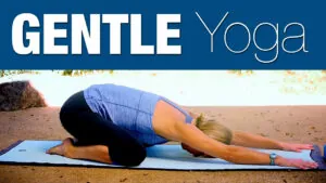 Gentle Yoga title graphic with a woman in child's pose on a mat