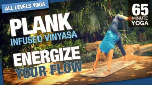 Plank infused vinyasa, 65 minute yoga class, woman in a handstand transition outdoors