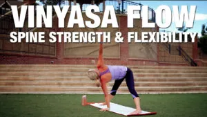Vinyasa flow for spine strength and flexibility, woman in a standing pose on a mat by steps