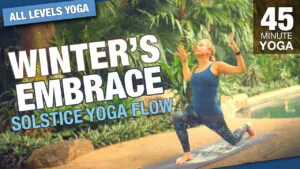 Winter's Embrace solstice yoga flow, 45 minute class, woman in a lunge by a pool