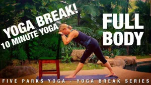 Yoga Break full body, 10 minute yoga, woman lunging with a chair by a pool