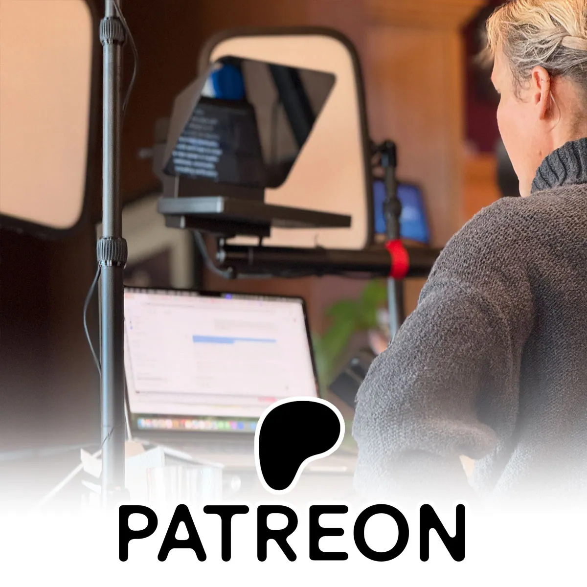 Erin Sampson at a laptop and teleprompter with Patreon logo