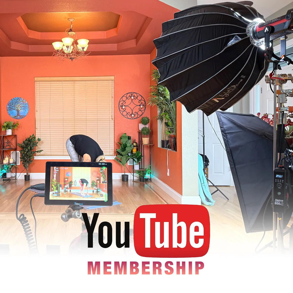 Studio lights and camera in a yoga room with YouTube Membership logo