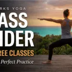 Class Finder, 400+ free classes, woman in warrior two pose on a deck overlooking the ocean
