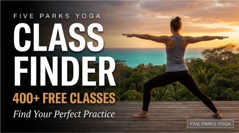 Class Finder, 400+ free classes, woman in warrior two pose on a deck overlooking the ocean